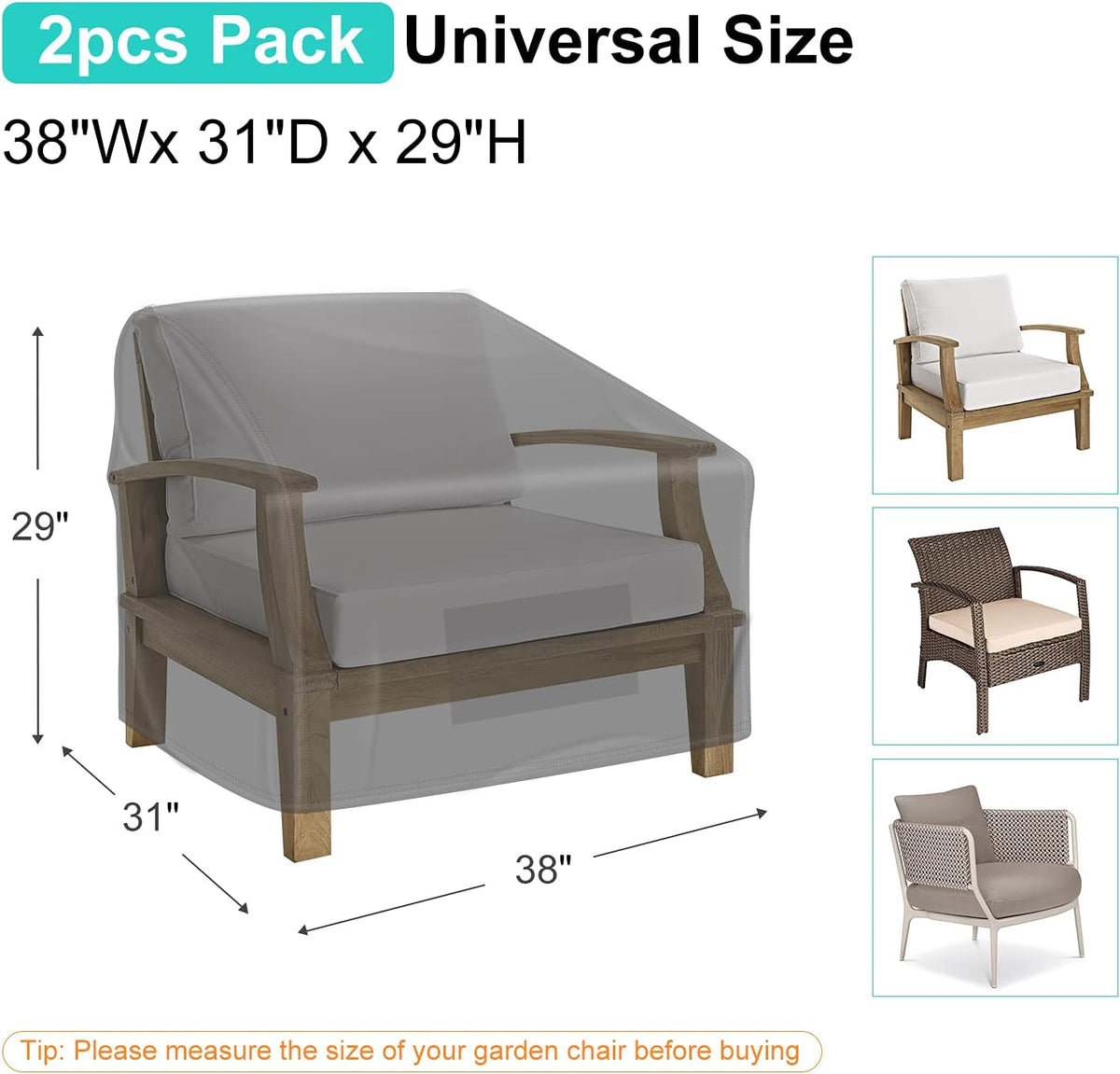 Garden Furniture Covers, Waterproof, 2-Pack, Lawn Mower Chair Covers 600D Heavy Duty Oxford Fabric, Large Covers for Lounge Chairs with Deep Seat