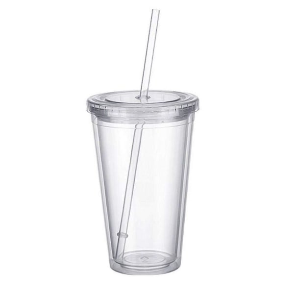 Double-walled plastic mug with lid and straw, insulated coffee mug, 500 ml, transparent – max