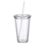 Double-walled plastic mug with lid and straw, insulated coffee mug, 500 ml, transparent – max