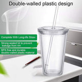 Double-walled plastic mug with lid and straw, insulated coffee mug, 500 ml, transparent – max - Front View
