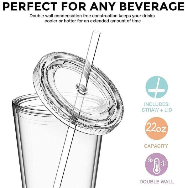 Double-walled plastic mug with lid and straw, insulated coffee mug, 500 ml, transparent – max