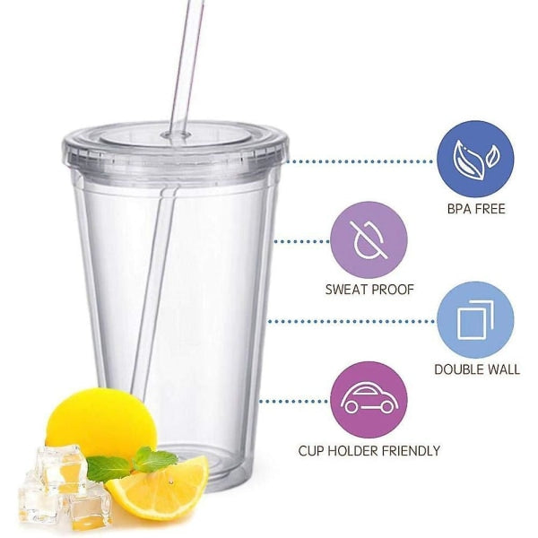 Double-walled plastic mug with lid and straw, insulated coffee mug, 500 ml, transparent – max