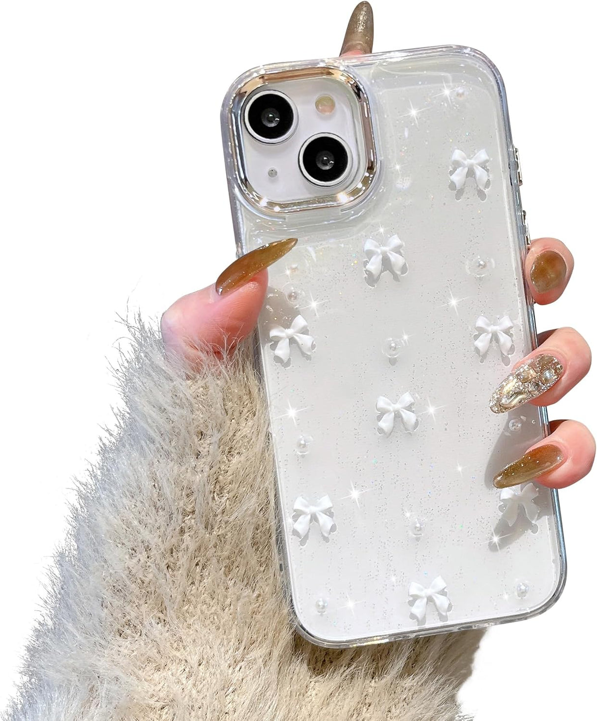 Mobile Case Compatible with iPhone 14 Plus, 3D Bowknot Mobile Case, Cute Transparent Bowknot, Thin, Soft and Durable, White White iPhone 14 Plus