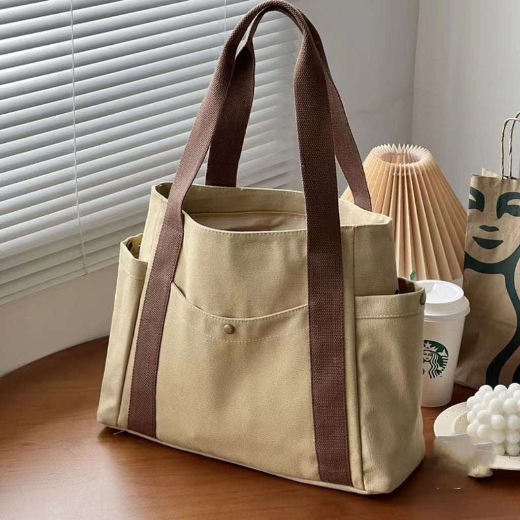 Large Capacity Canvas Tote Bag for Work Travel Carry Bag College Style Student Outfit Book Shoulder Bag Brown