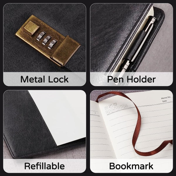 Diary with Lock, A5 PU Leather Journal with Lock, 240 Pages, Vintage Lock Journal Password Protected Notebook with Pen and Gift Box, 21.8 x 14.7 cm