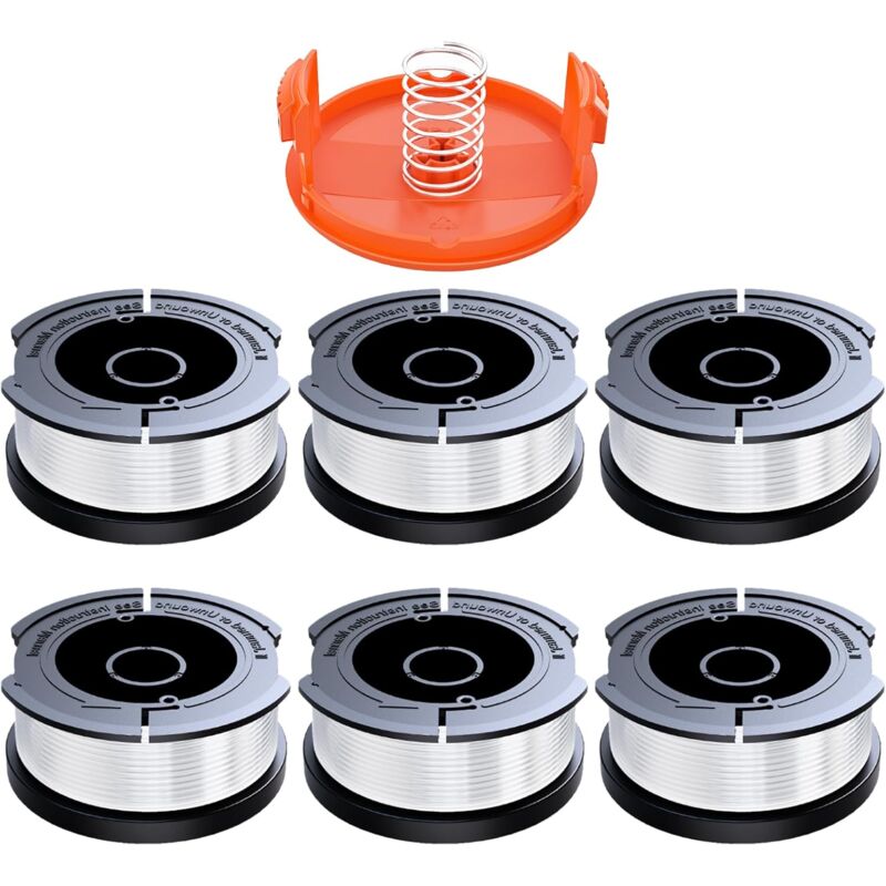 Black & Decker Trimmer Replacement Spools - 6 Pieces of 1.65mm Line, 10m Each, Includes Extra Spring & Cap