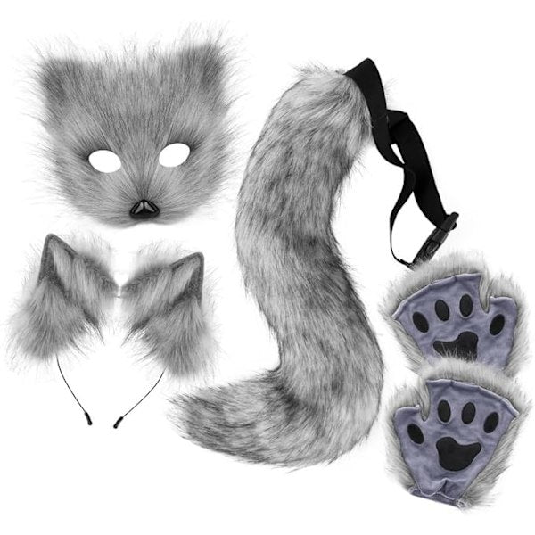 Grey Fox Tail & Cat Ears Costume Set with Gloves for Halloween Cosplay grey