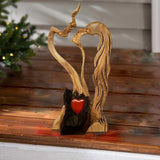 Romantic Abstract Statue Love Heart Kissing Couple Wooden Figures Sculpture - Front View