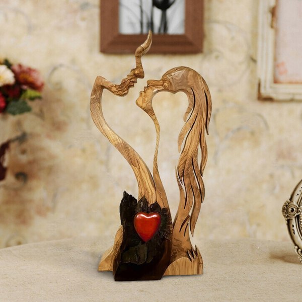 Romantic Abstract Statue Love Heart Kissing Couple Wooden Figures Sculpture