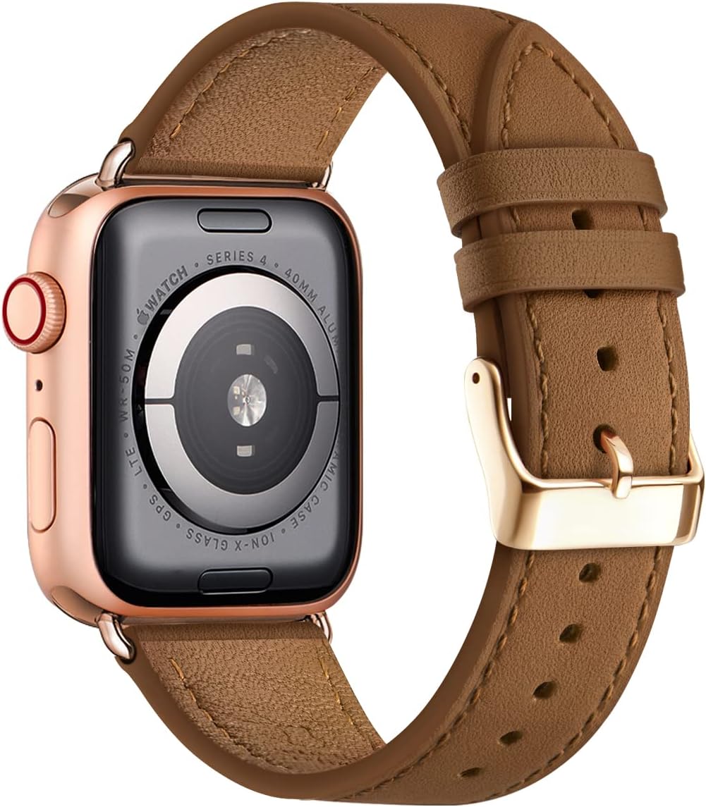 Apple Watch Leather Strap, Genuine Leather Replacement Band for Apple Watch Series 9 8 7 6 5 4 3 2 1 & iWatch SE, Ultra (38mm 40mm 41mm, Brown) Brown