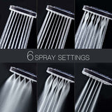 Shower Head, Large Square Shower Head with One-Hand Control, High Pressure Shower Head with 6 Shower Modes, Chrome, from DEBUNS - Top-Down View