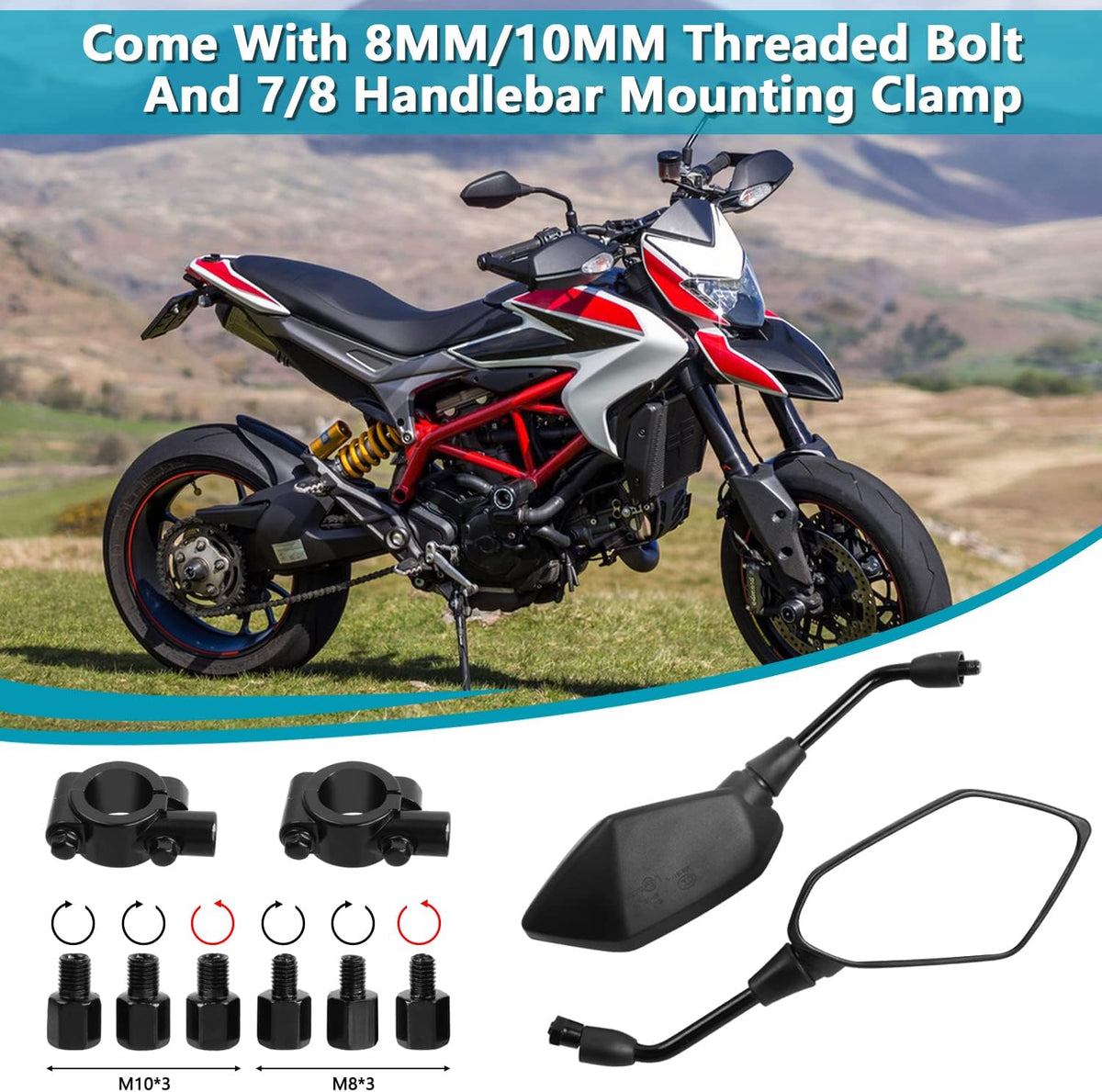Motorcycle mirror, pair of universal rearview mirrors, suitable