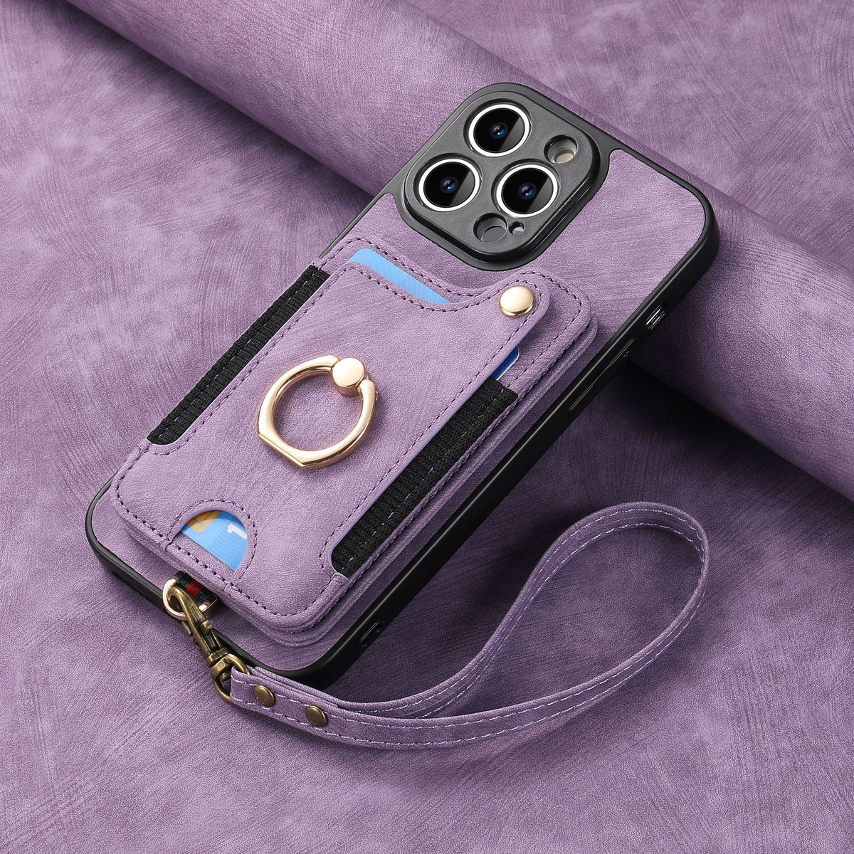 Suitable for iPhone mobile phone leather case RFID anti-theft brush ring buckle lanyard multifunctional card case Light Purple [With Leather Strap] Light Purple [With Leather Lanyard]] iPhone 11