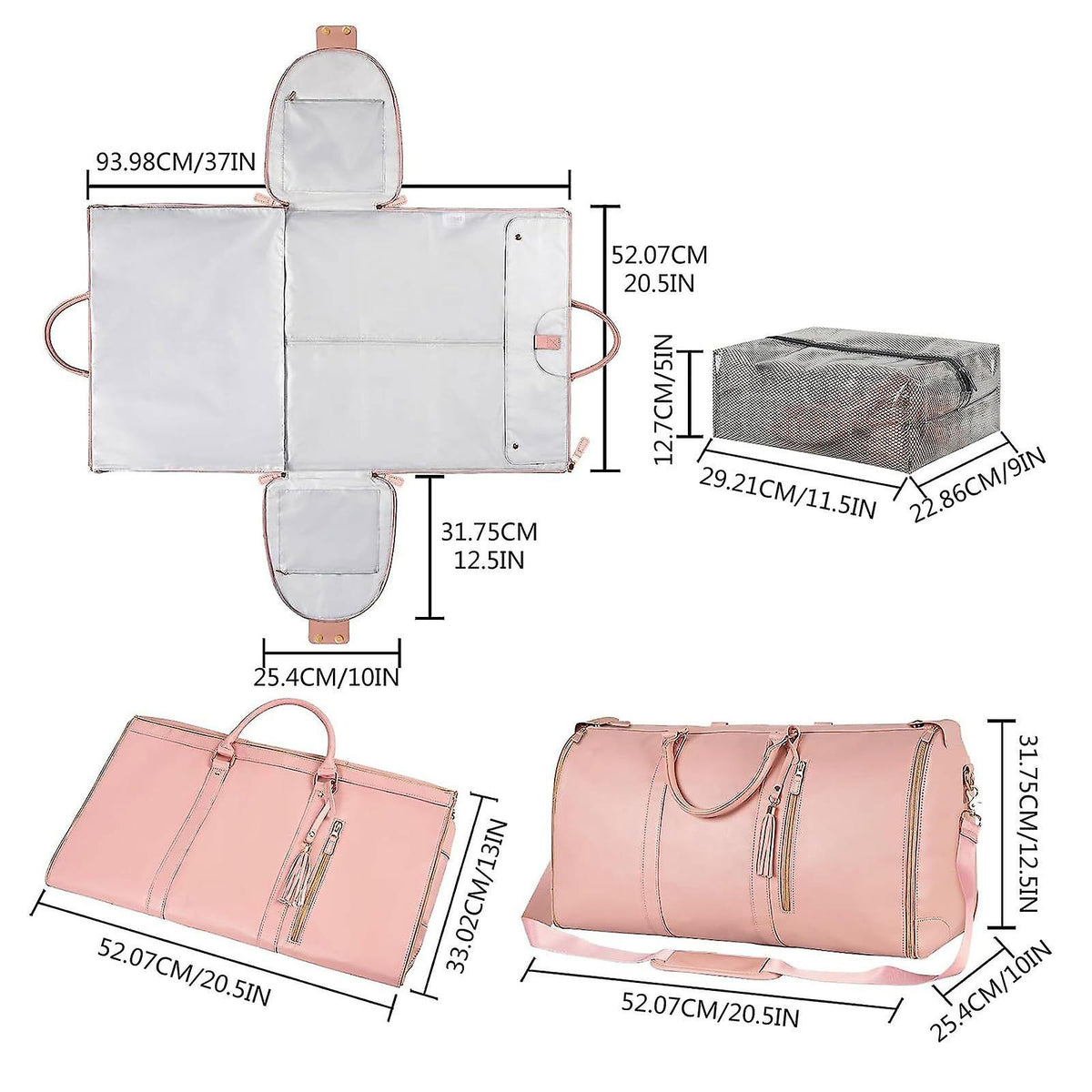 2-in-1 Foldable PU Leather Travel Bag, Convertible Suitcase, Travel Garment Bag for Women White