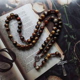 Crucifix Rosary Beads Necklace Medal Chain Pendant Necklace Brown Acrylic Beads Long Chain Pray Jewelry Gift - Side View