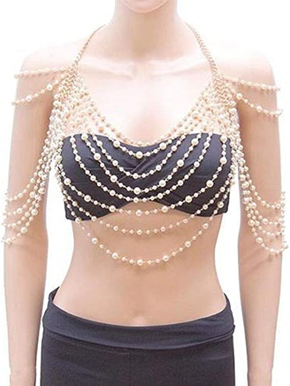 Sexy Body Chain, Multi-layer Pearl Necklace for Back, Waist, Beach Bikini, Fashion, Backless Dress, Strap, Bridal Jewelry (Gold)
