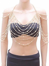 Sexy Body Chain, Multi-layer Pearl Necklace for Back, Waist, Beach Bikini, Fashion, Backless Dress, Strap, Bridal Jewelry (Gold)