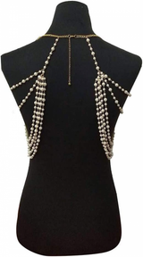 Sexy Body Chain, Multi-layer Pearl Necklace for Back, Waist, Beach Bikini, Fashion, Backless Dress, Strap, Bridal Jewelry (Gold) - Top-Down View