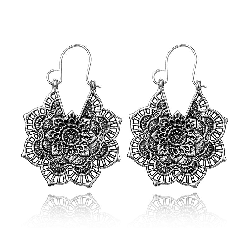 Vintage Silver Mandala Flower Dangle Earrings, Hanging Design