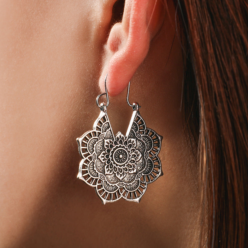 Vintage Silver Mandala Flower Dangle Earrings, Hanging Design