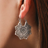 Vintage Silver Mandala Flower Dangle Earrings, Hanging Design - Side View