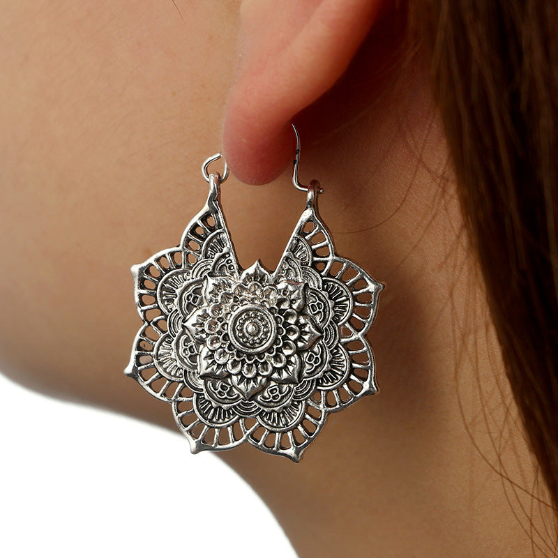 Vintage Silver Mandala Flower Dangle Earrings, Hanging Design