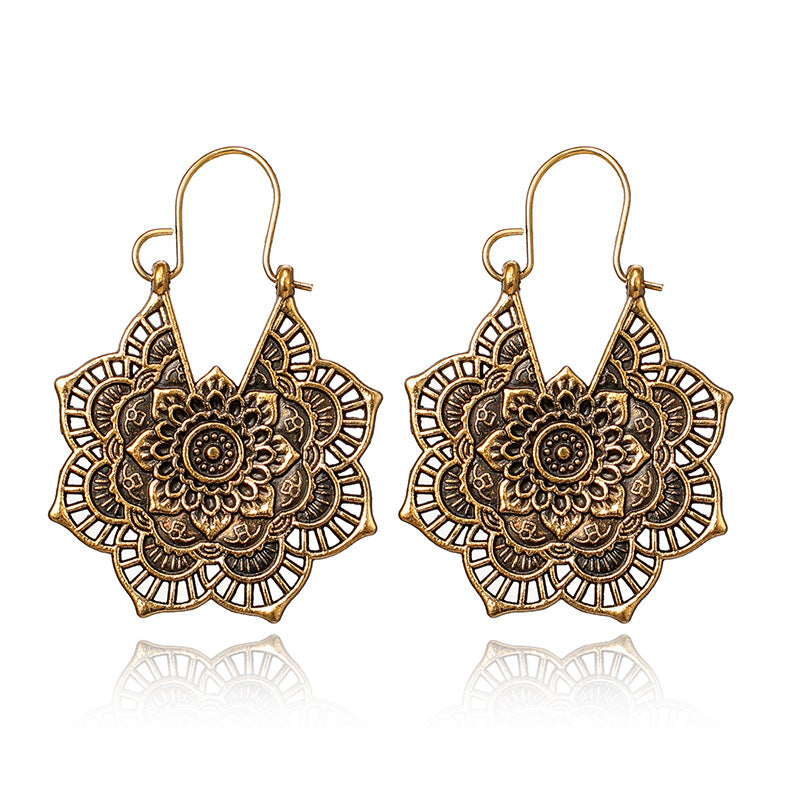 Vintage Silver Mandala Flower Dangle Earrings, Hanging Design
