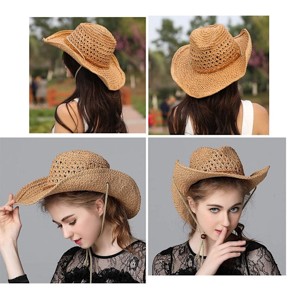 Straw Cowboy Hat Wide Brim Sun Hat Cowgirl Summer Panama