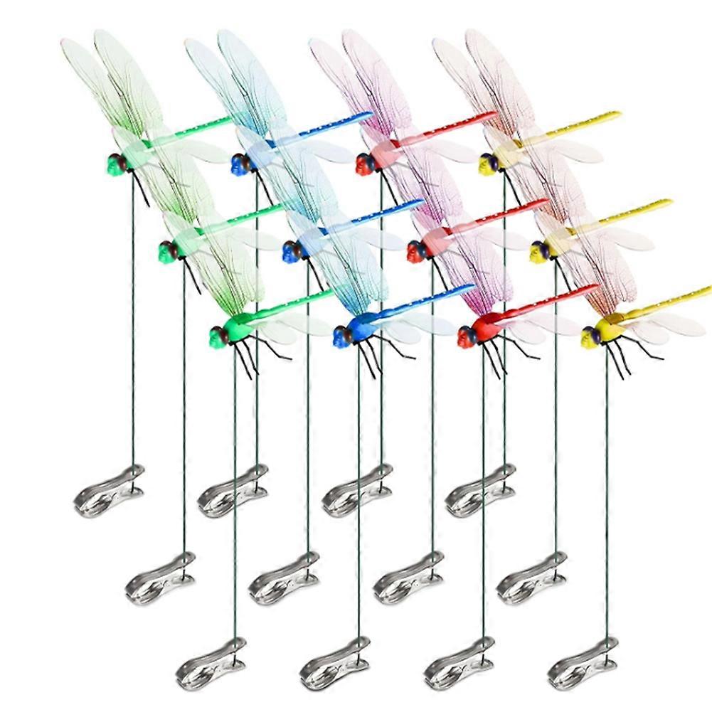 12pcs Artificial Dragonfly Clips for Outdoor Use 3D Dragonfly Decor Gardening, 3D Dragonfly Garden Decorative Clips [DB] As Shown