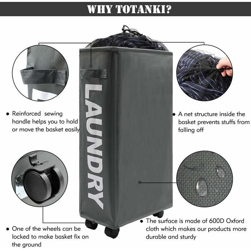 22\" Narrow Rolling Laundry Hamper with Handle and Wheels, Collapsible Laundry Hamper, Foldable Laundry Sorter and Organizer, Large Storage Basket (Gray)