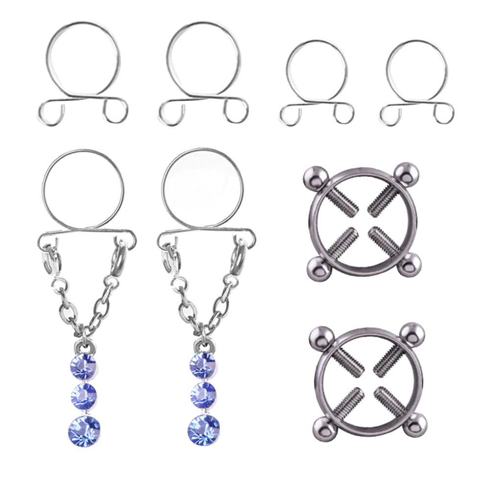 Fashion Water Drop Screw Non Pierced Nipple Ring Set Nipple Ring Body Jewelry (Blue)