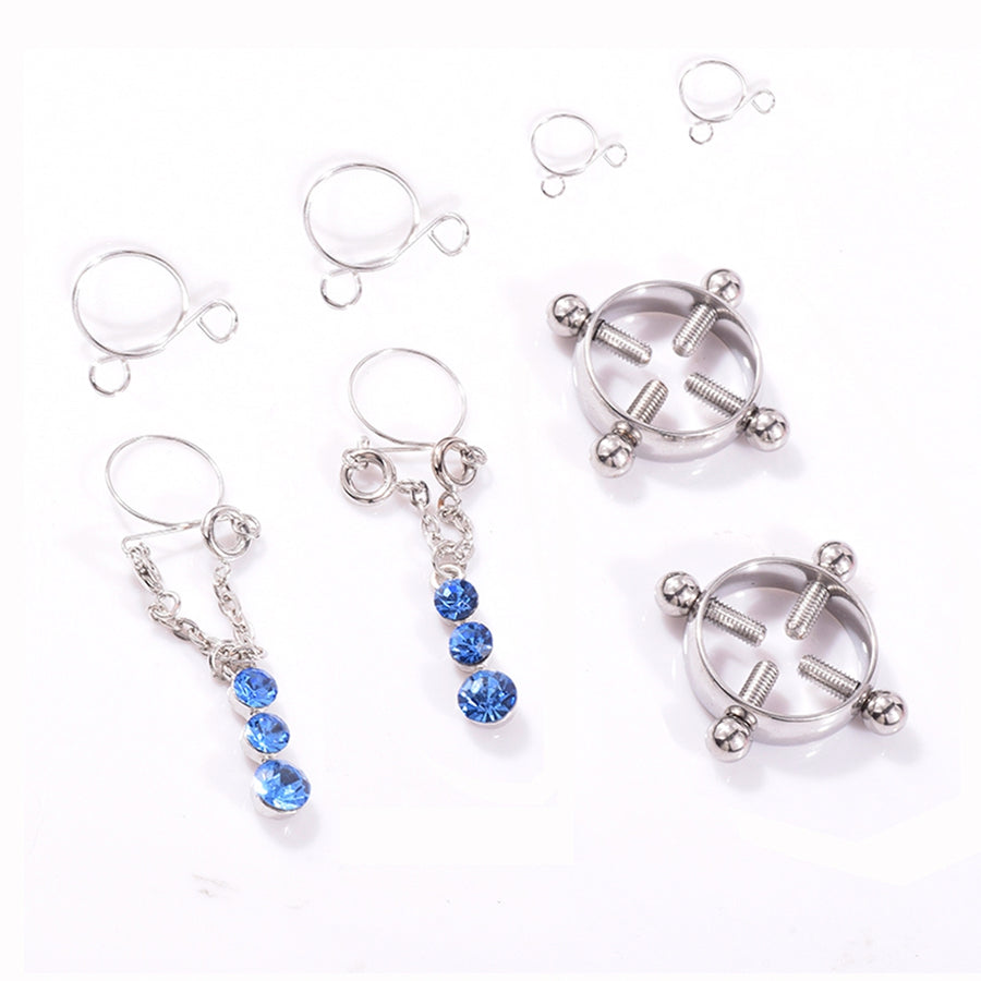 Fashion Water Drop Screw Non Pierced Nipple Ring Set Nipple Ring Body Jewelry (Blue)