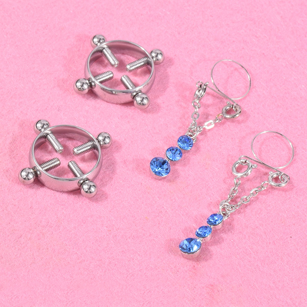 Fashion Water Drop Screw Non Pierced Nipple Ring Set Nipple Ring Body Jewelry (Blue)
