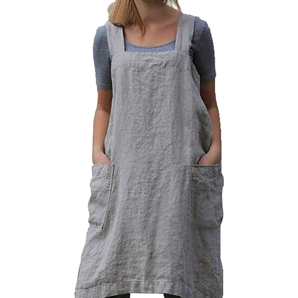 Women's Cotton and Linen Apron with Cross Back and Large Pocket, Gray, M