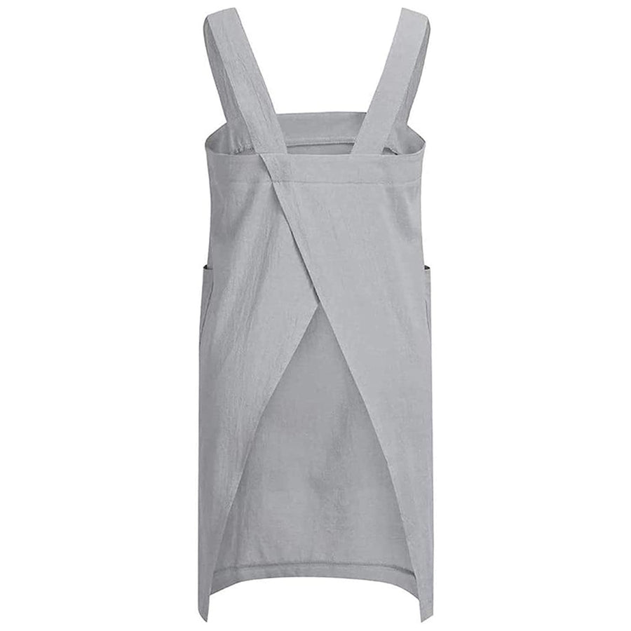 Women's Cotton and Linen Apron with Cross Back and Large Pocket, Gray, M