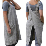 Women's Cotton and Linen Apron with Cross Back and Large Pocket, Gray, M - Top-Down View