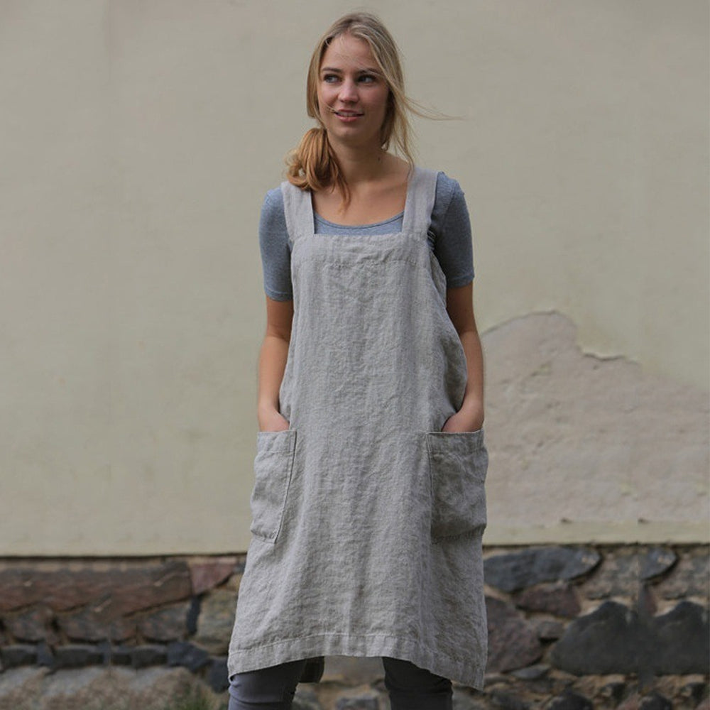 Women's Cotton and Linen Apron with Cross Back and Large Pocket, Gray, M
