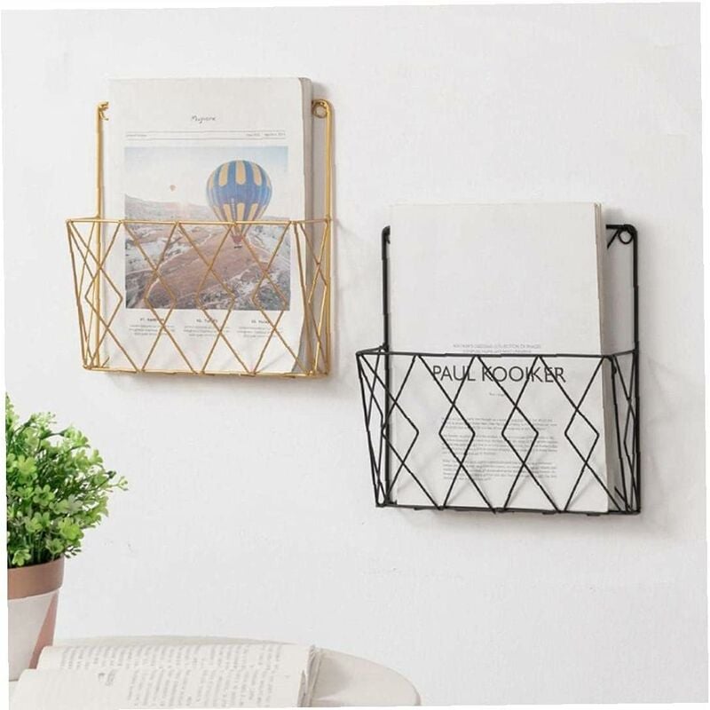 Black Metal Wire Magazine Rack for Wall - Storage Shelf for Office, Living Room, Bedroom - Compatible with Newspapers, Books and Files