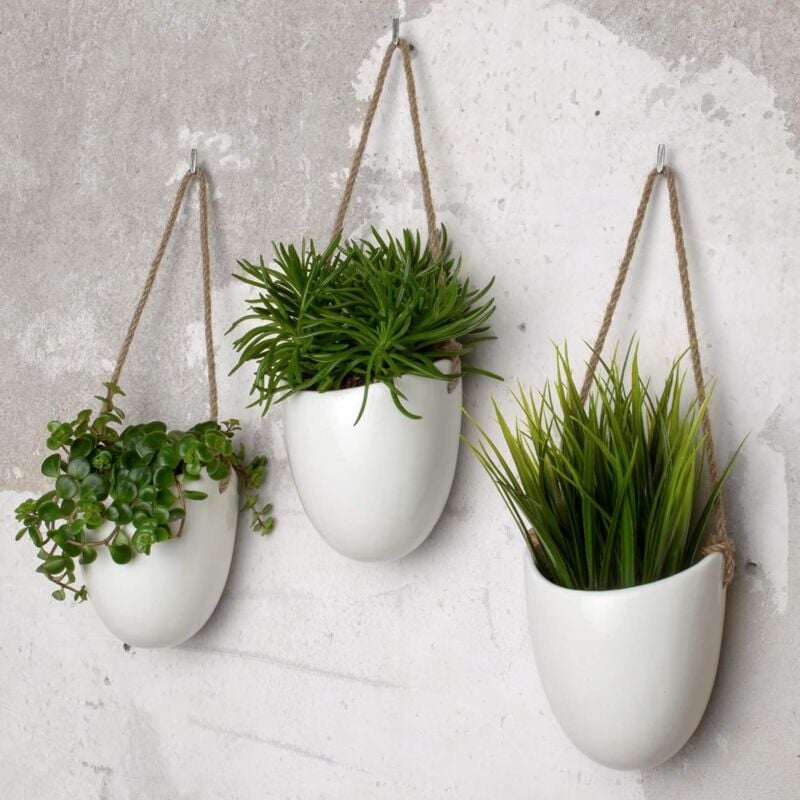 Set of 3 white ceramic hanging wall pots with rope hangers
