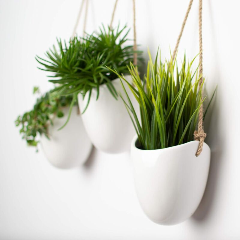 Set of 3 white ceramic hanging wall pots with rope hangers, brown hemp rope hangers