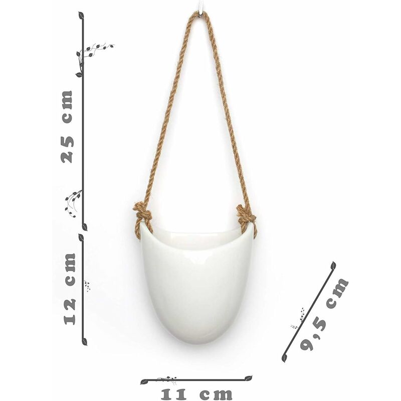Set of 3 white ceramic hanging wall pots with rope hangers, matte white glaze