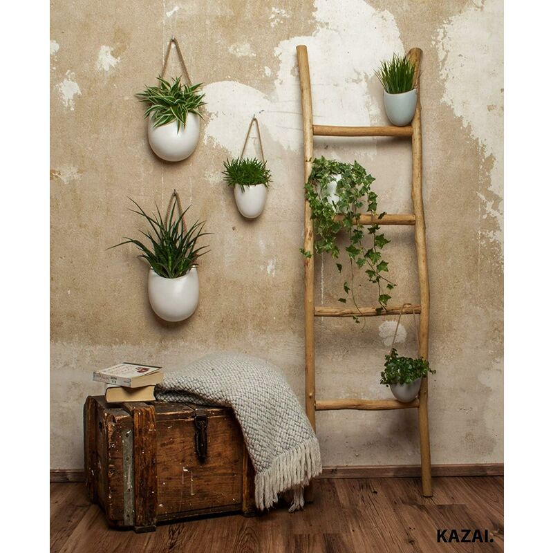 Set of 3 white ceramic hanging wall pots with rope hangers, image 5