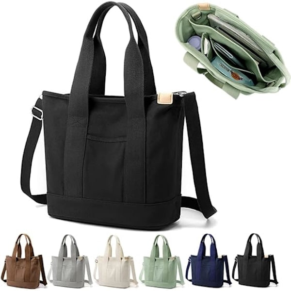 Handmade Canvas Bag with Compartments and Zipper, Versatile Shoulder Bag for Women, College, School, Work, Travel, Black - Medium - Perfet Black - Medium_MGF Black - Medium