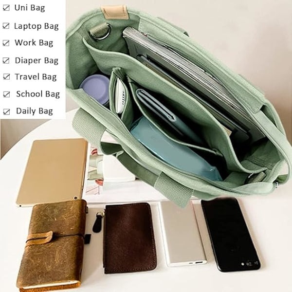 Handmade Canvas Bag with Compartments and Zipper, Versatile Shoulder Bag for Women, College, School, Work, Travel, Black - Medium - Perfet Black - Medium_MGF Black - Medium
