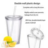 Reusable Plastic Cups Double Walled Transparent Drinking Cup with Straw Reusable Cups Suitable for Fruit Juice-max - Side View
