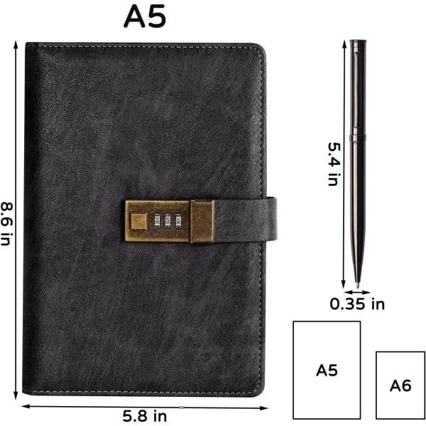 Diary with Lock, A5 PU Leather Journal with Lock, 240 Pages, Vintage Lock Journal Password Protected Notebook with Pen and Gift Box, 22 x 14.7 cm