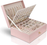 Jewelry Box for Storing Necklaces, Earrings, Bracelets and Rings, Large PU Leather with 3 Layers Stackable Jewelry Box, Pink Pink-tfrf Pink - Side View