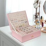 Jewelry Box for Storing Necklaces, Earrings, Bracelets and Rings, Large PU Leather with 3 Layers Stackable Jewelry Box, Pink Pink-tfrf Pink - Rear View