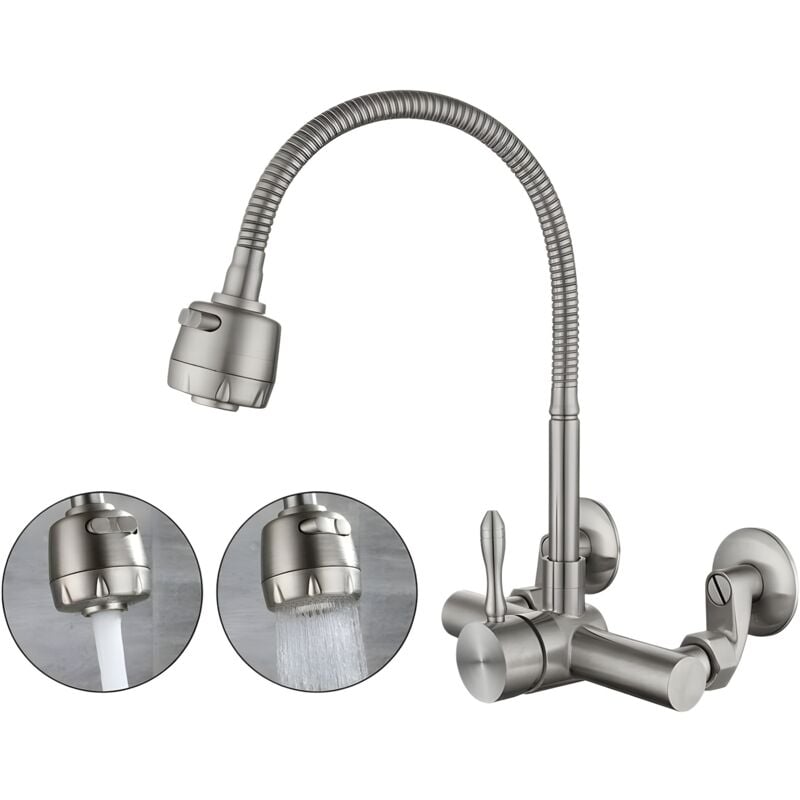 Wall Mounted Kitchen Faucet, Food Grade 304 Stainless Steel Material, 360° Rotatable Wall Mounted Kitchen Faucet 12CM-18CM Mounting Hole
