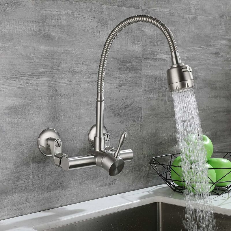Wall Mounted Kitchen Faucet, Food Grade 304 Stainless Steel Material, 360° Rotatable Wall Mounted Kitchen Faucet 12CM-18CM Mounting Hole